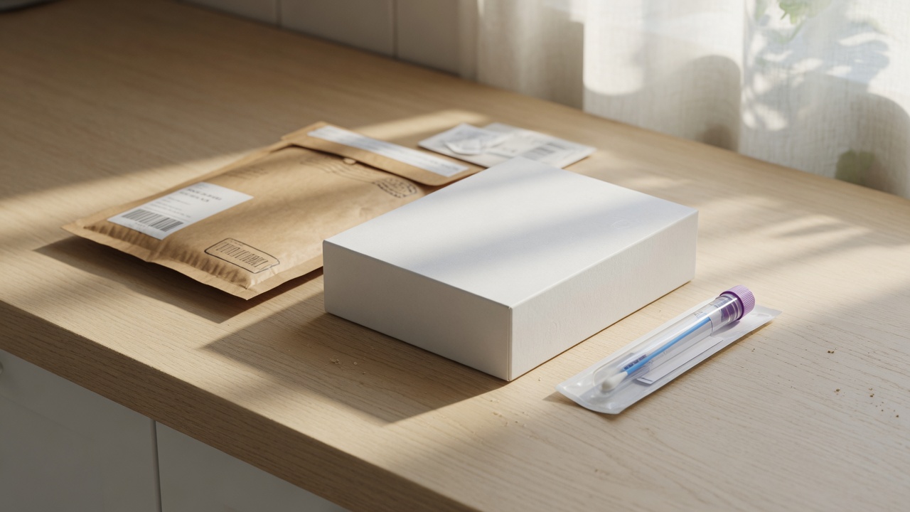 At-home DNA kit on a kitchen counter