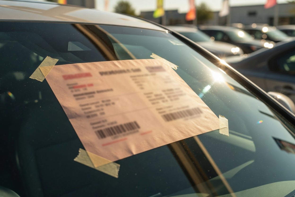 New-car windshield with a window sticker