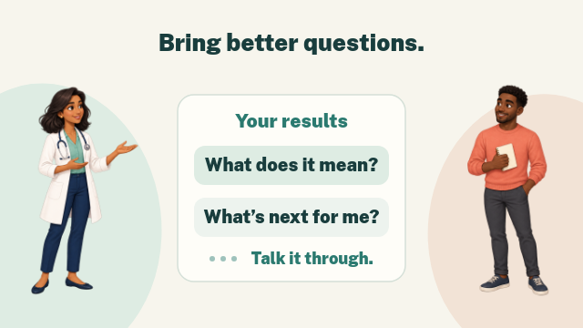 Cartoon patient and doctor discuss questions about a genetic report.