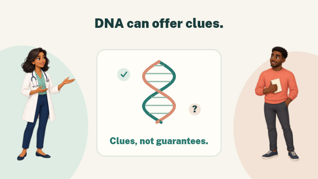 Cartoon doctor and patient with a DNA helix and inherited-trait clues.
